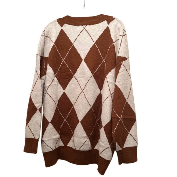 NWT Women’s Argyle Print Long Sleeve Crew Neck Sweater Tan/Brown Size L - Picture 2 of 5